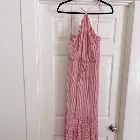 BCBG Red/White Analeigh Striped Spaghetti Halter Tiered Hem Casual Maxi Dress - Picture 4 of 5